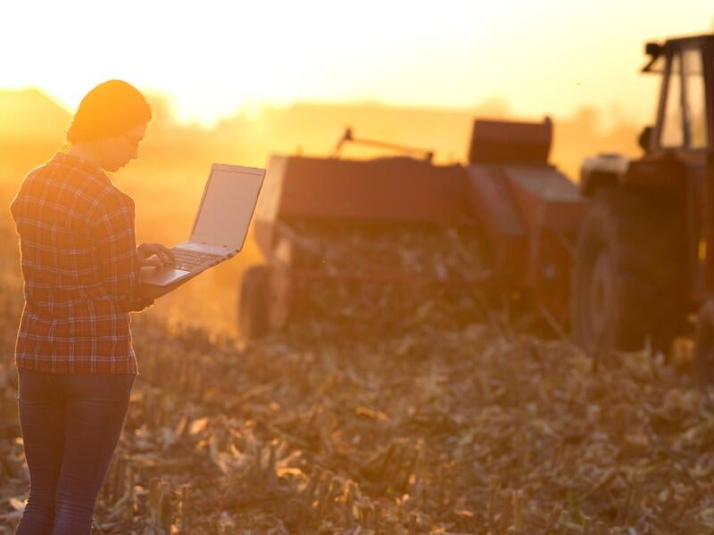 Woman with computer standing in a field of harvested crops