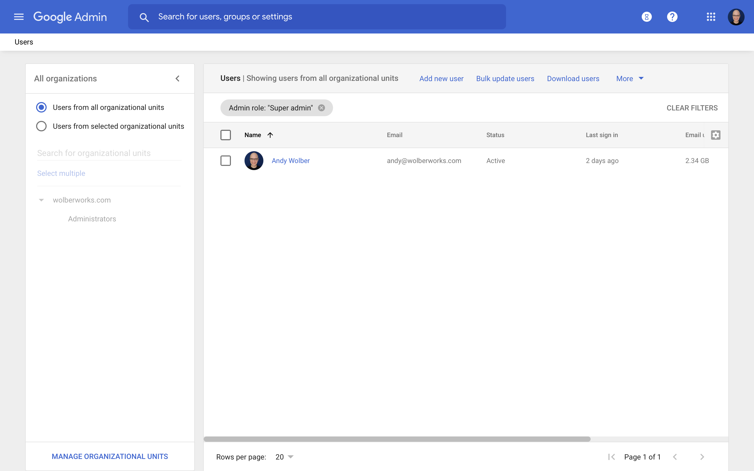 Screenshot of Google Admin | Users page with only 1 Super Admin account displayed (the author's).