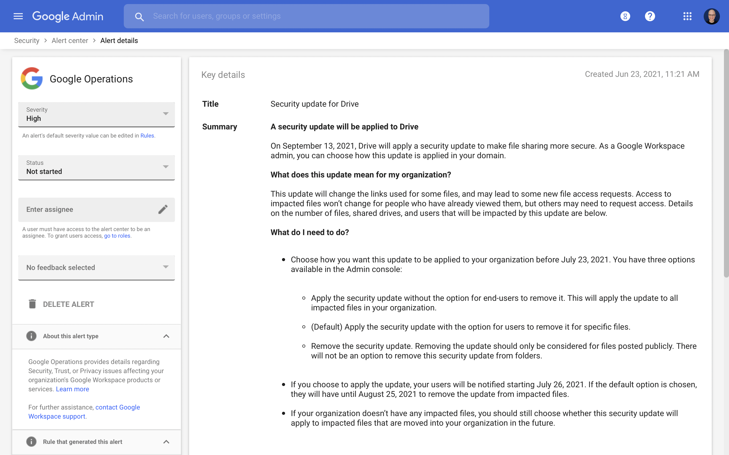 Screenshot of the details of the Security update for drive that explain that sharing settings will be updated for some identified items on an organization's Google Drive.