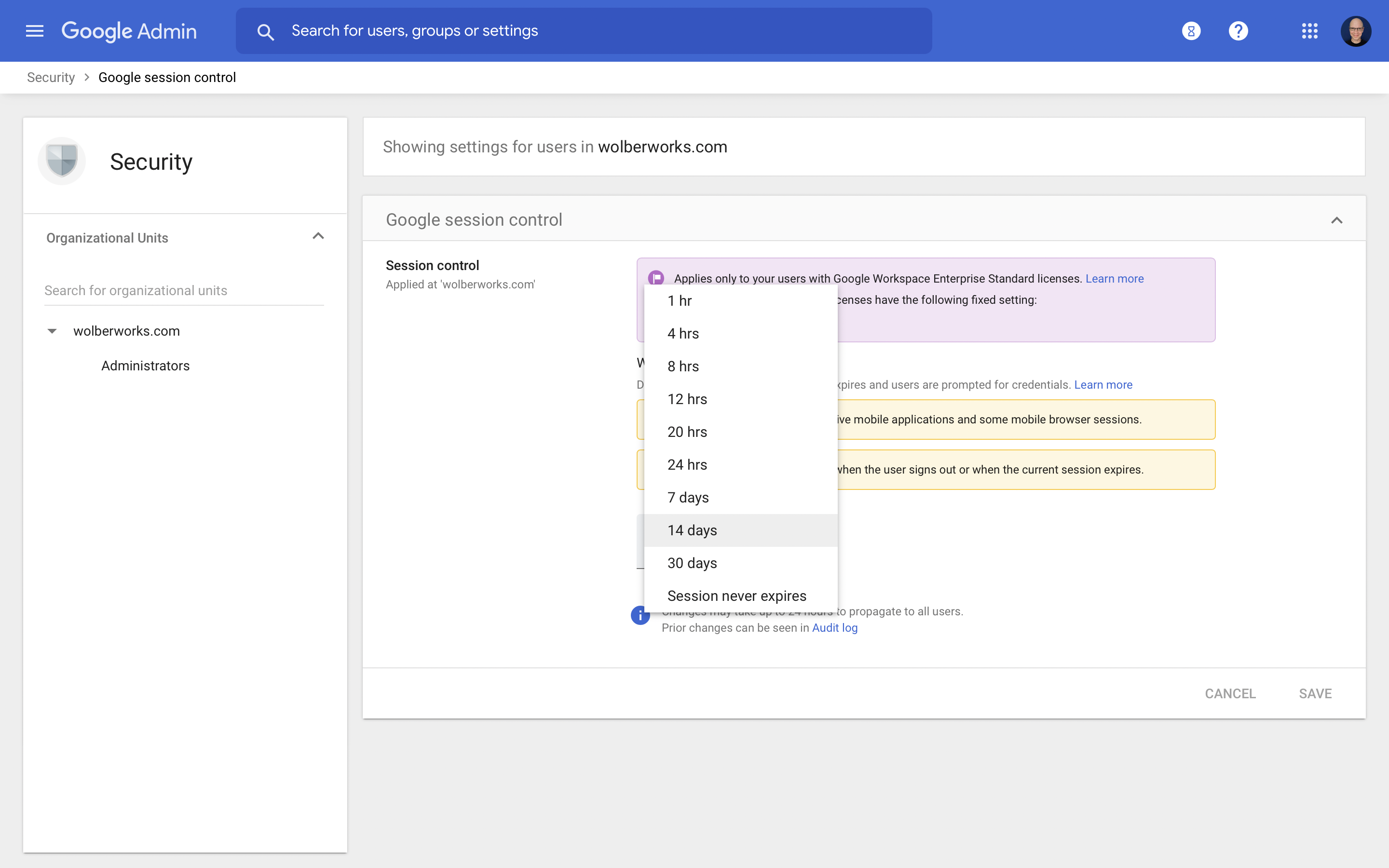 Screenshot of Admin console | Security | Google session control, with 14 days session length selected.