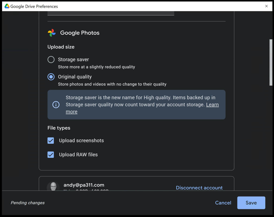 Screenshot of the Drive for desktop Google Photos settings, with Upload size options, as well as file type checkboxes for Upload screenshots and Upload RAW files.