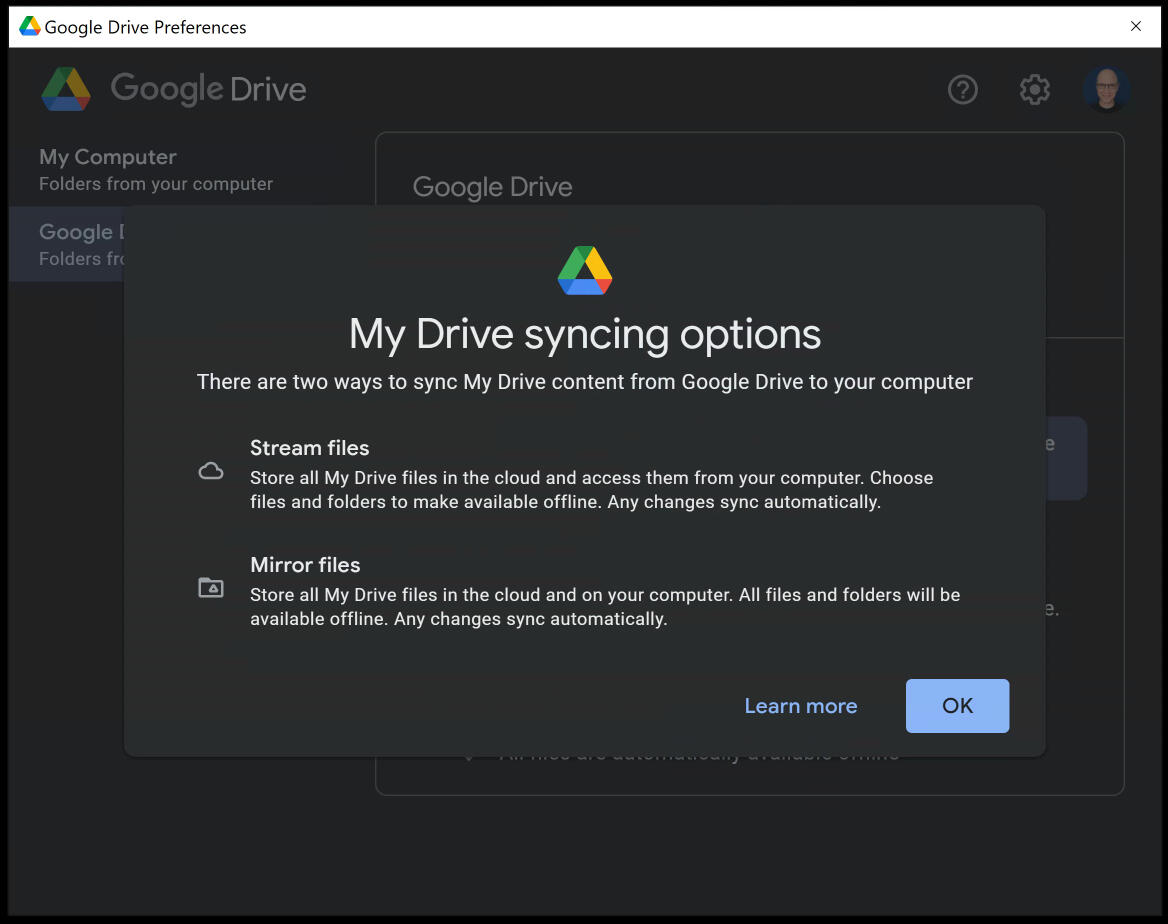 Screenshot of the initial Drive installation screen that explains the Stream files and Mirror files options. Stream stores items in the cloud, while Mirror syncs everything for offline access.