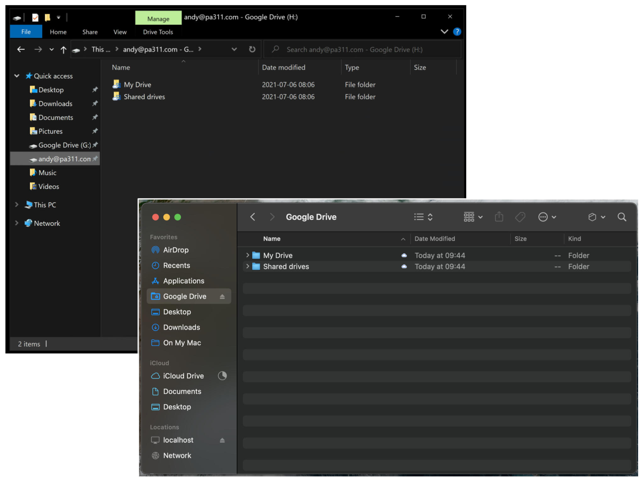 Upper left screenshot from Windows shows both a G: drive (for one Google account) and an H: drive (for a second Google account), with My Drive and Shared drives folders displayed. Lower right screenshot from macOS shows a single Google Drive, with My Drive and Shared drives folders displayed.