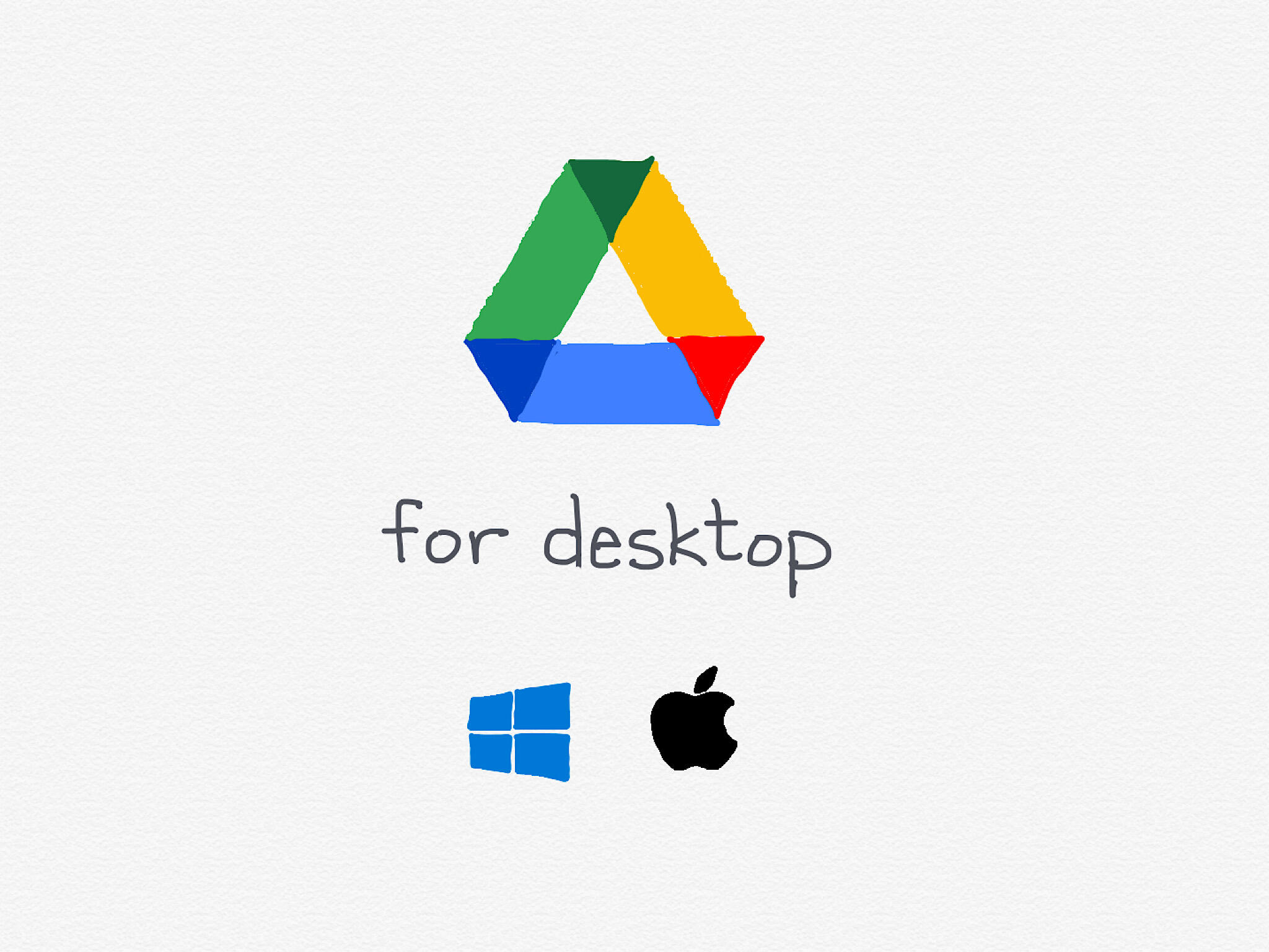 Drawing of Google Drive logo, with words "for desktop" beneath  it, with a drawn Windows and Apple logo beneath  the words.