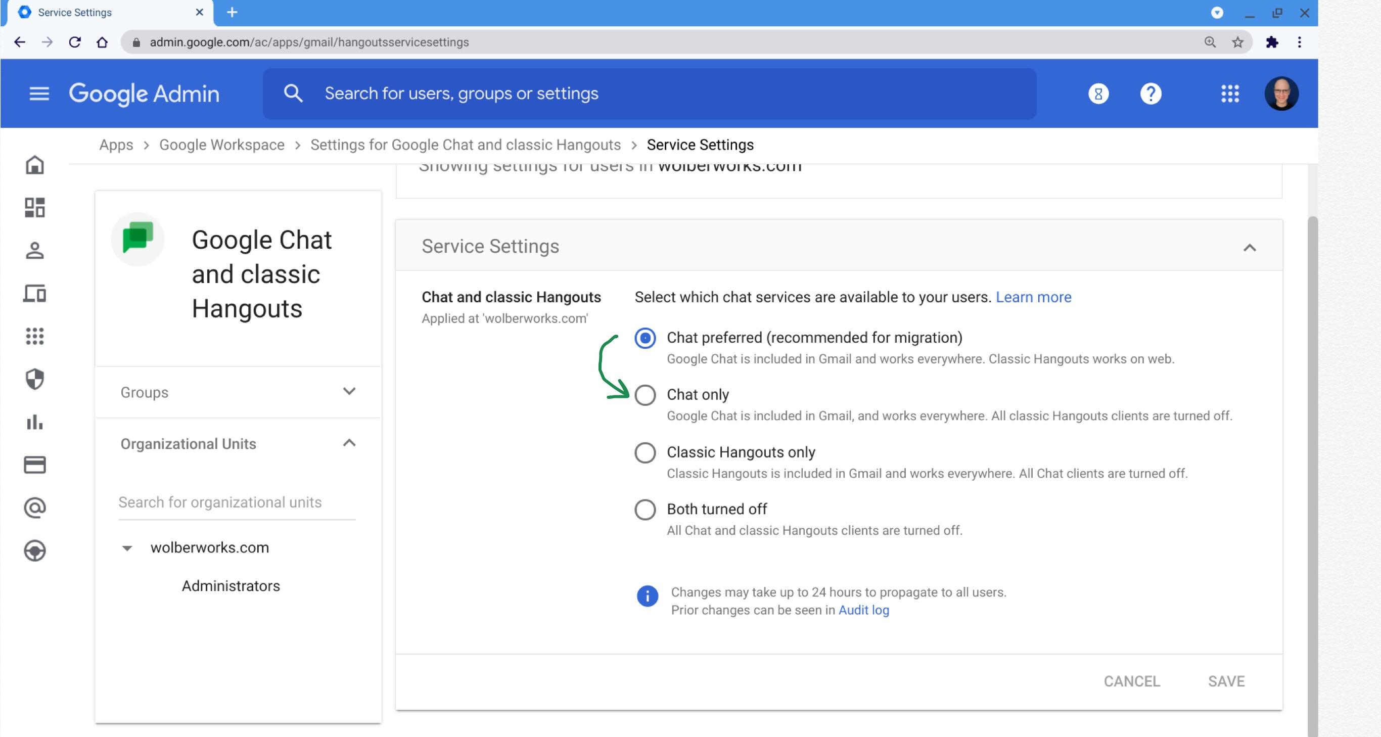 Screenshot of Google Chat and classic Hangouts service settings. Shows 