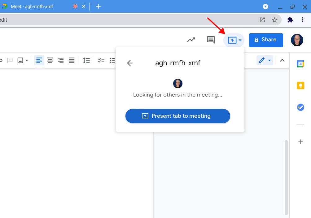 Screenshot of the upper right portion of a Google Doc, with a Google Meet tab active in the background. The Present to Meet button has been selected, and a Present tab to meeting button is displayed, ready to be selected.