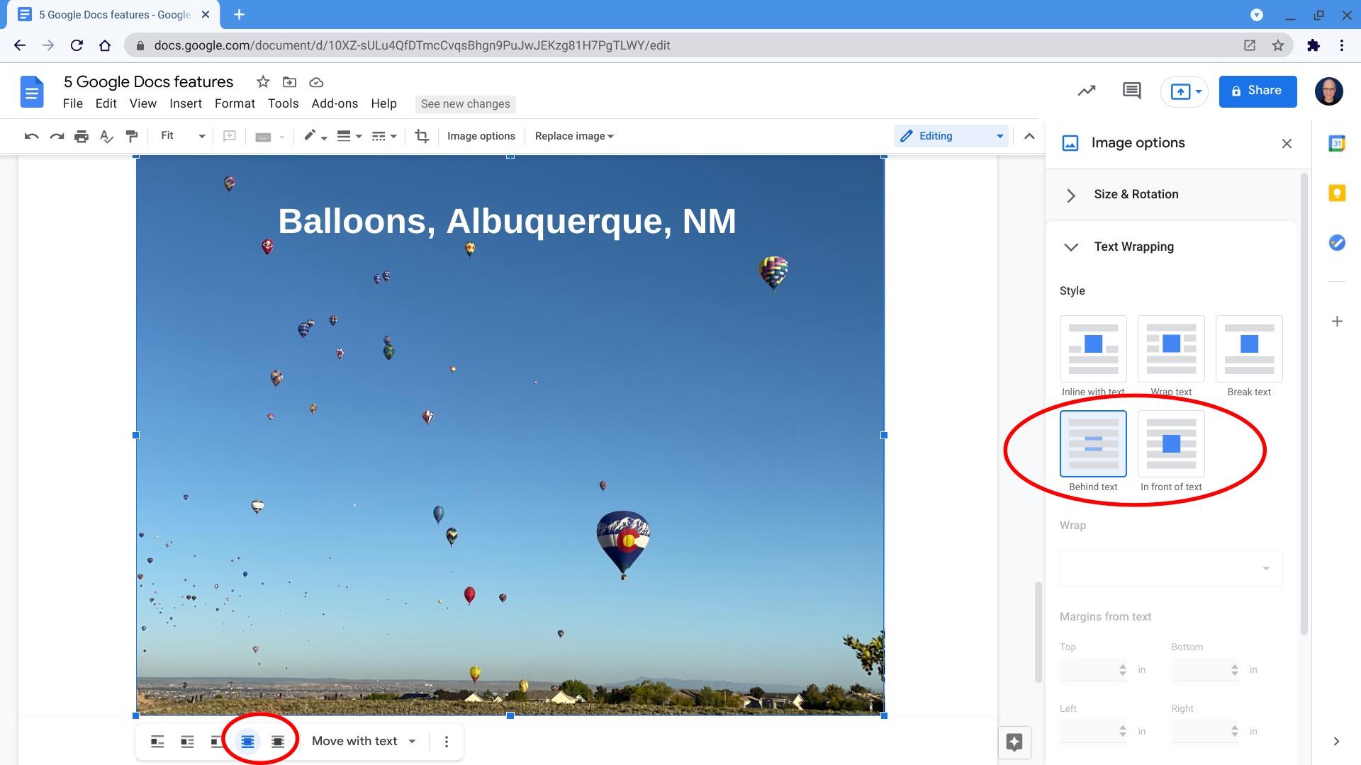 Screenshot of a Google Doc, with sidebar Image options | Text wrapping options displayed, with both Behind text and In front of text options circled. Those same options also display to the lower left of an inserted image when the image is selected.