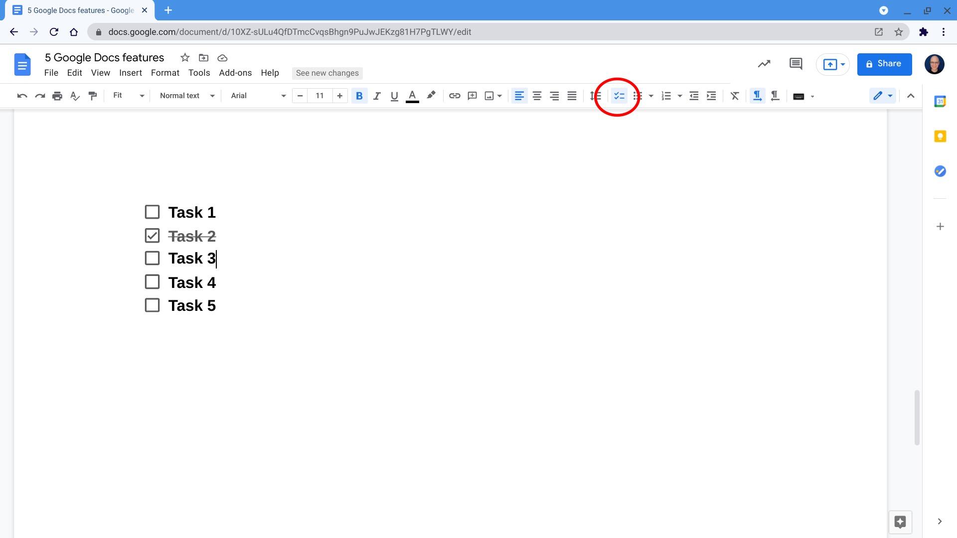 Screenshot of Google Doc with the checklist icon circled (to the left of the bullet point icon), with five lines, each with a checkbox to the left (Task 1, Task 2, etc.). Task 2 has a check in the box to the left and, as a result, Task 2 has strikethrough formatting applied.