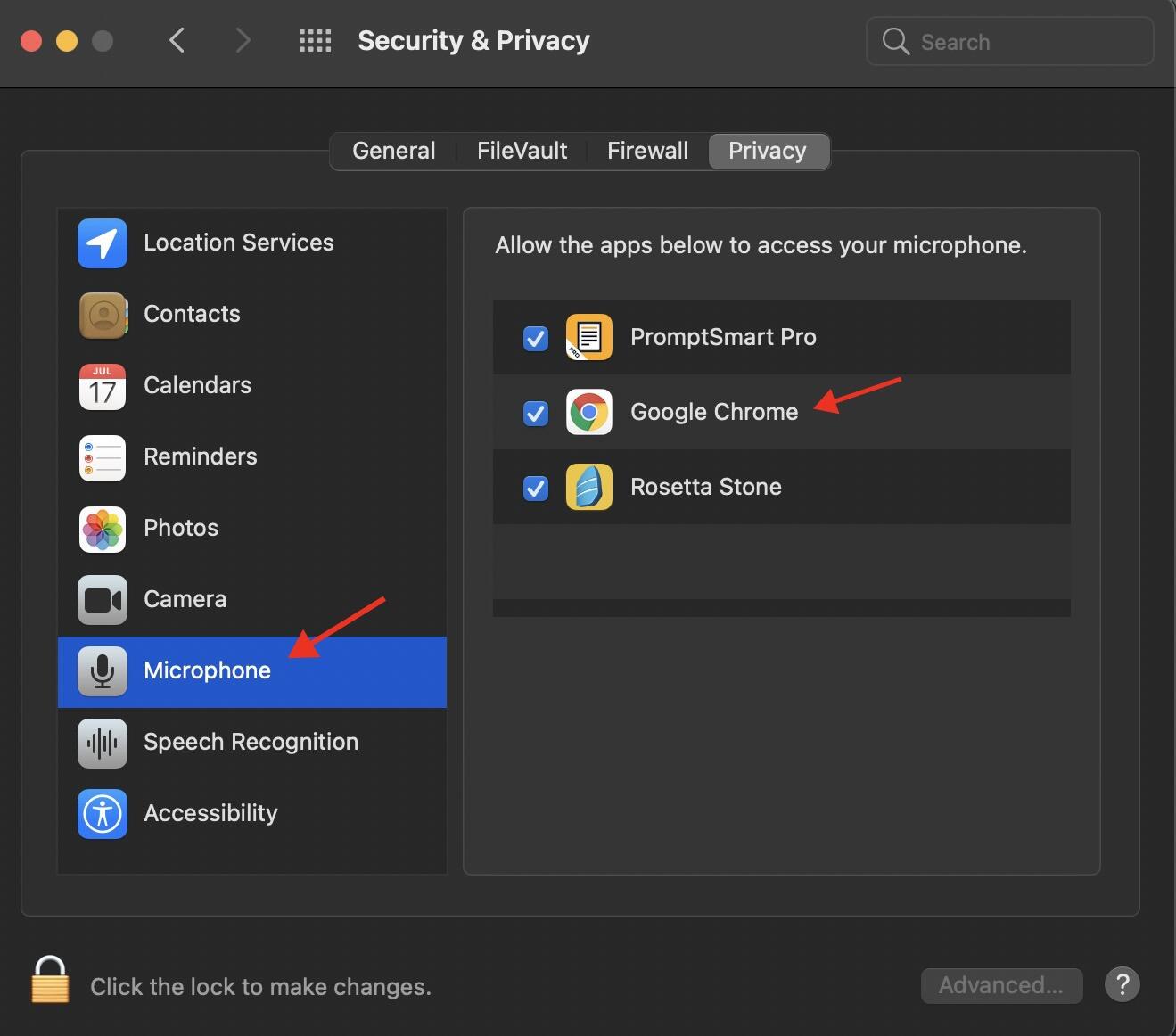Screenshot of Security & Privacy setting, with an arrow pointing to Microphone (left menu) and Google Chrome (in a database  of apps to the right).