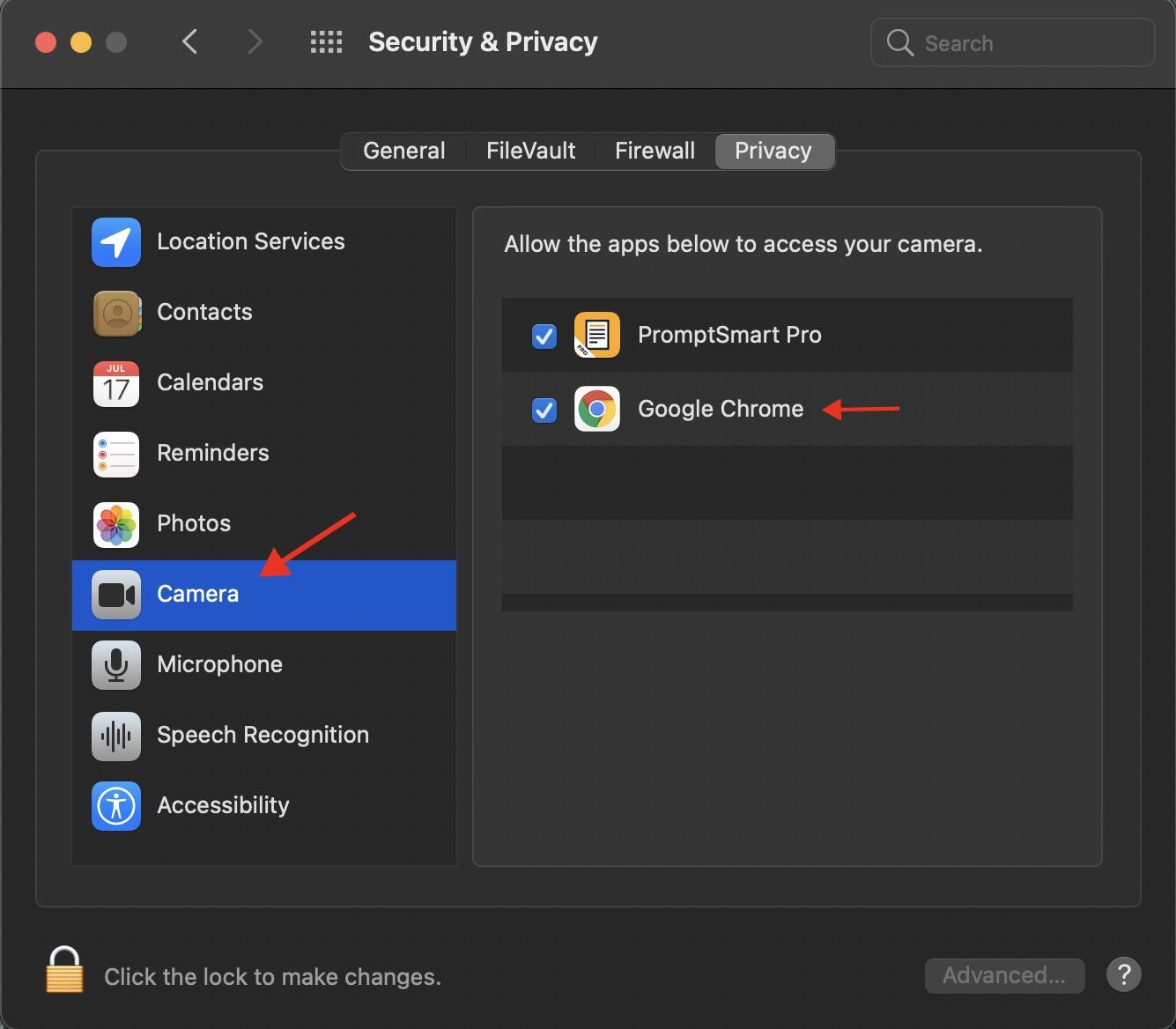 Screenshot of Security & Privacy setting, with an arrow pointing to Camera (left menu) and Google Chrome (in a database  of apps to the right).