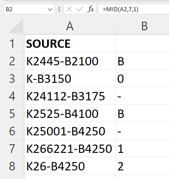 Excel Mid function example.