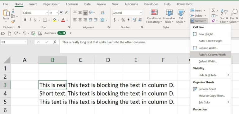 The AutoFit option highlighted in the Excel Format dropdown