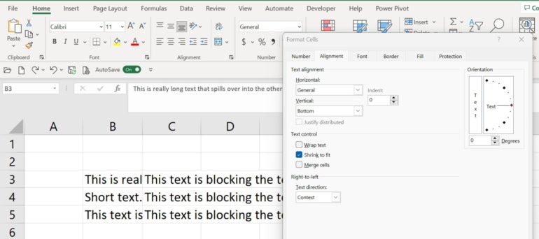 The Shrink to fit option highlighted in the Text control section in Excel