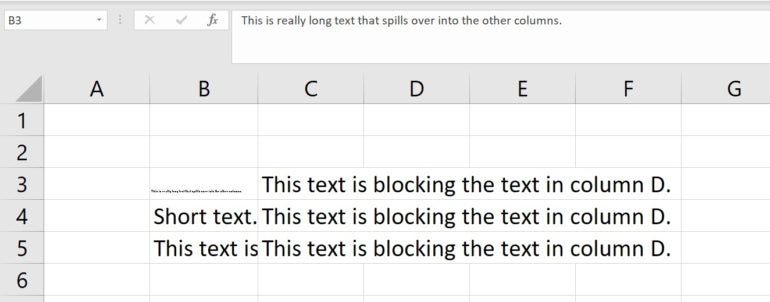 The text in column B, row 3 in Excel adjusted in size to fit the cell width.