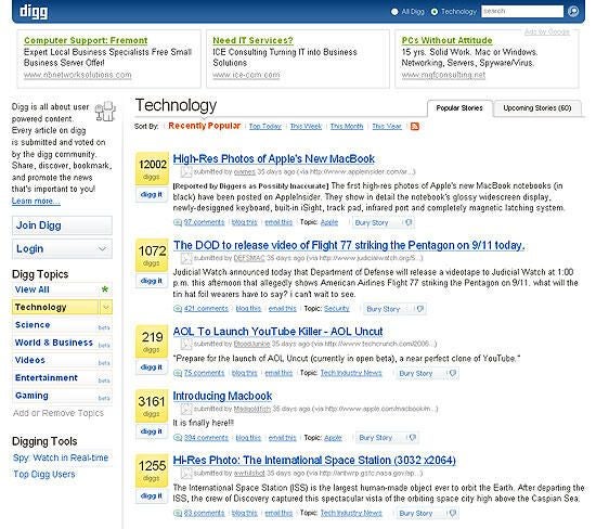 Digg technology home page