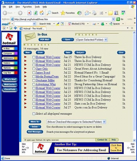 Dec. 1997: Hotmail screenshot
