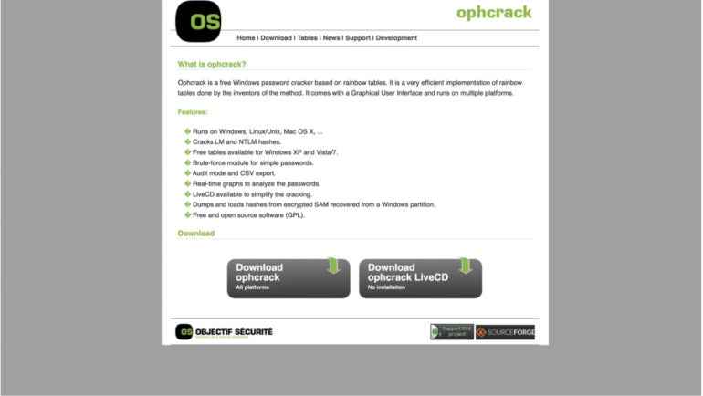 A screenshot of Ophcrack.