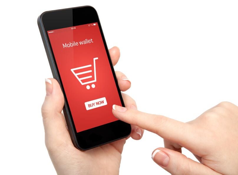 isolated woman hands holding a phone and make online shopping