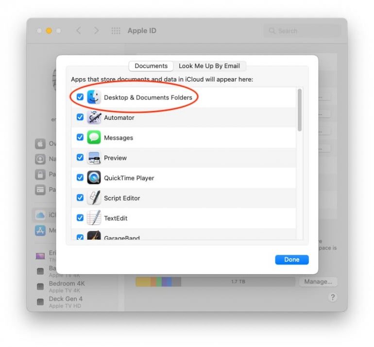 Checking the Desktop & Documents Folders iCloud Drive option assists sharing files between Macs using iCloud Drive.