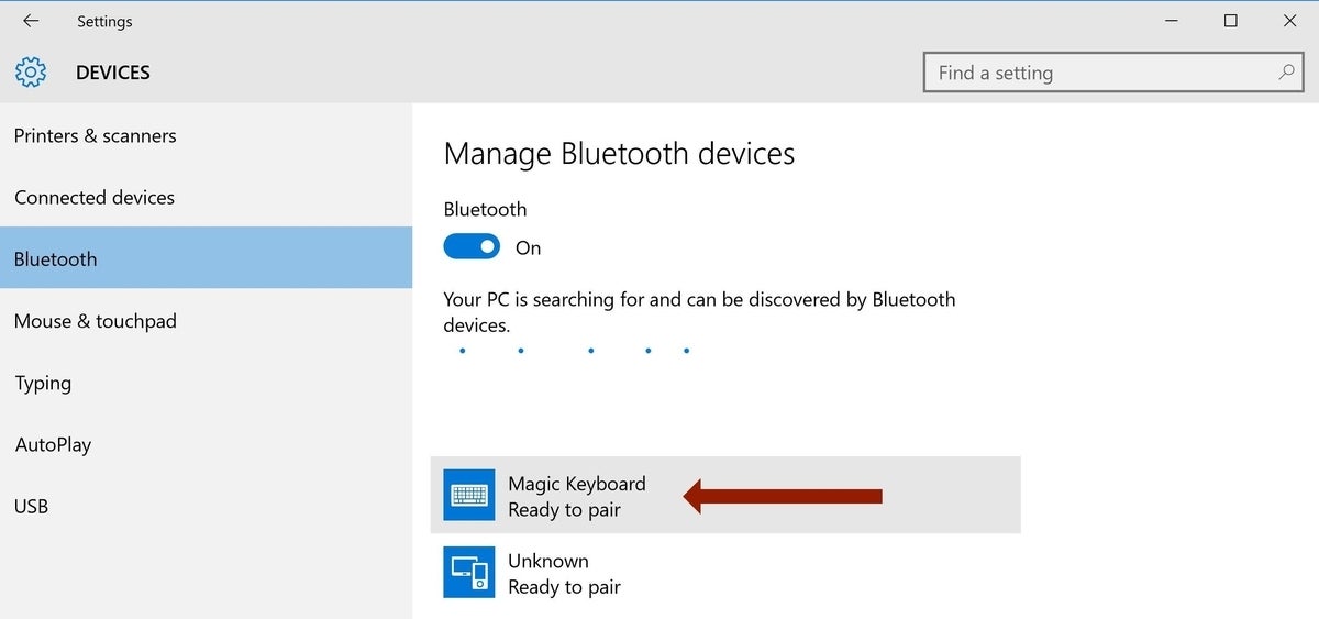 The Windows PC will display available Bluetooth accessories.