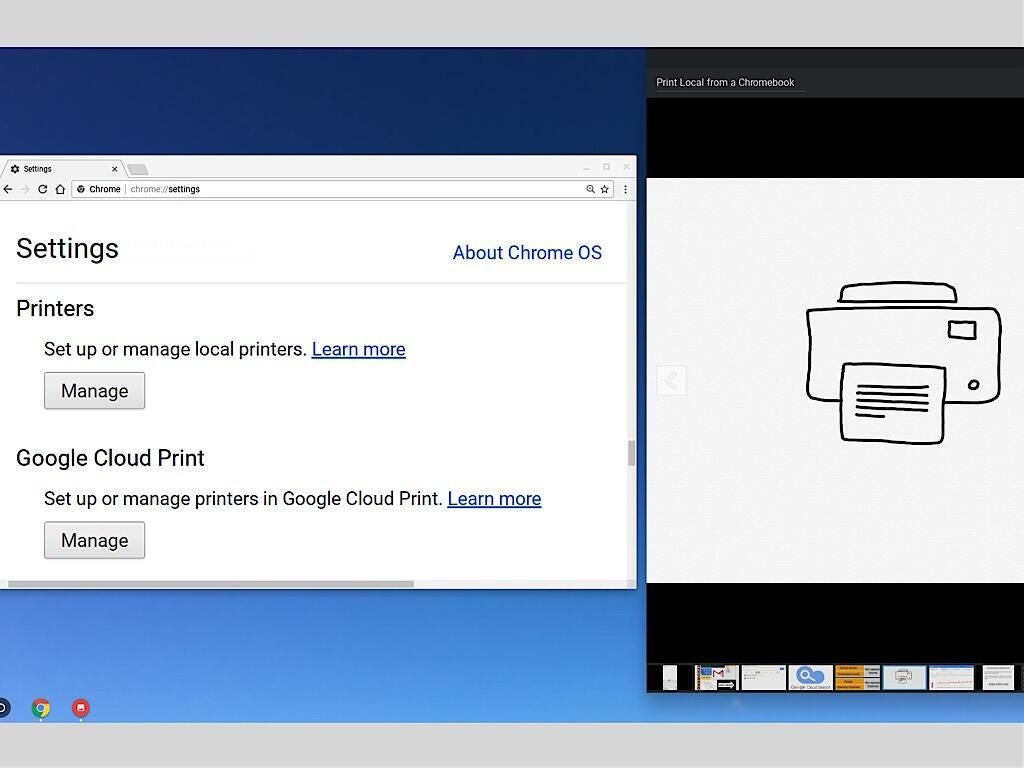 Screenshot of new Chromebook local print settings and drawn printer image