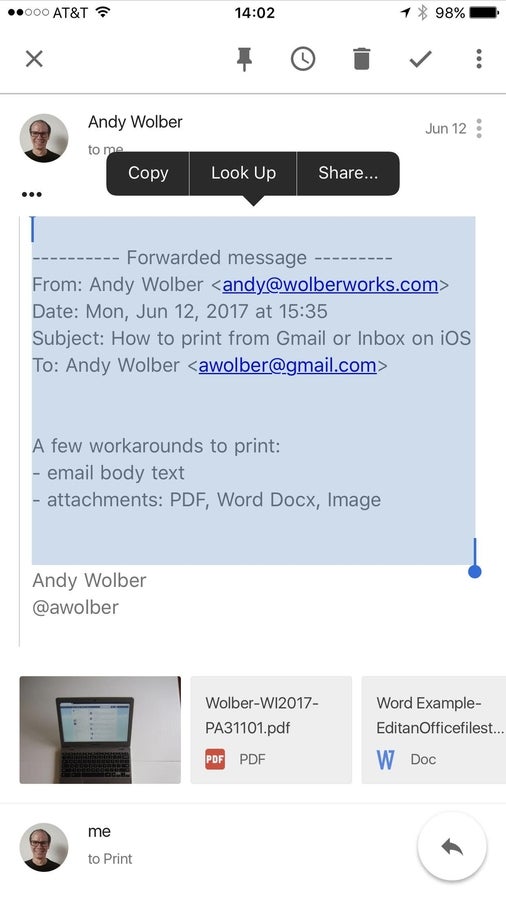 Screenshot showing text of an email about to be saved to the Notes app