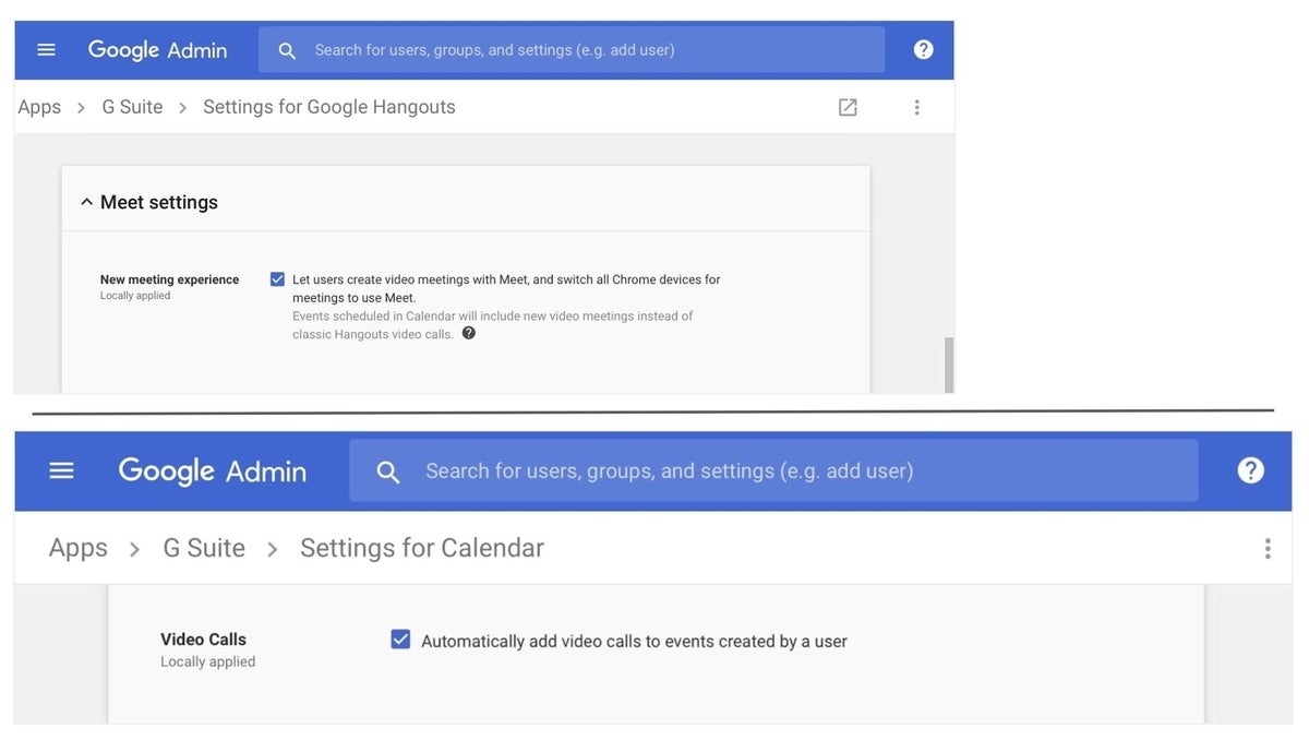 Screenshot shows G Suite settings for Hangouts and Calendar covered in caption.
