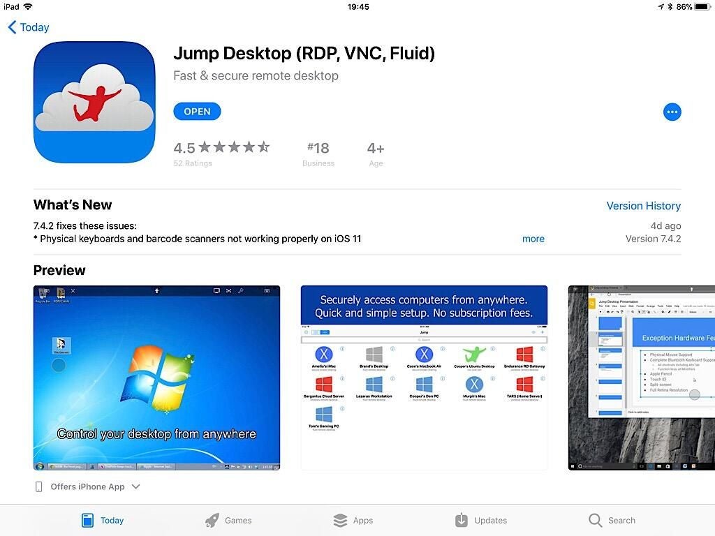 Photo of JumpDesktop app info from Apple's App Store.