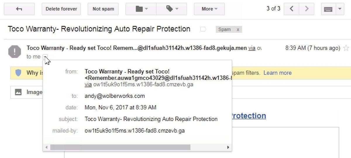 Screenshot of drop-down mail header details of a spam email in Gmail.