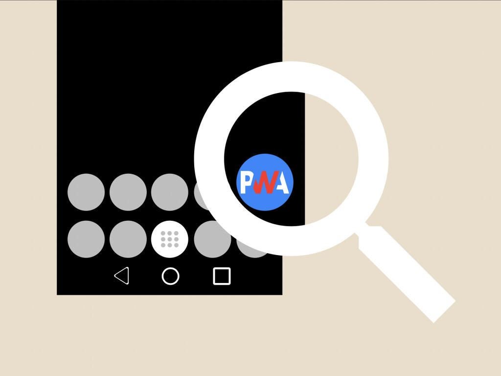 Image of Phone with PWA app icon viewed through a magnifying lens