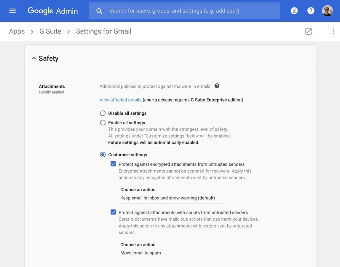Screenshot of Gmail > Safety > attachment settings