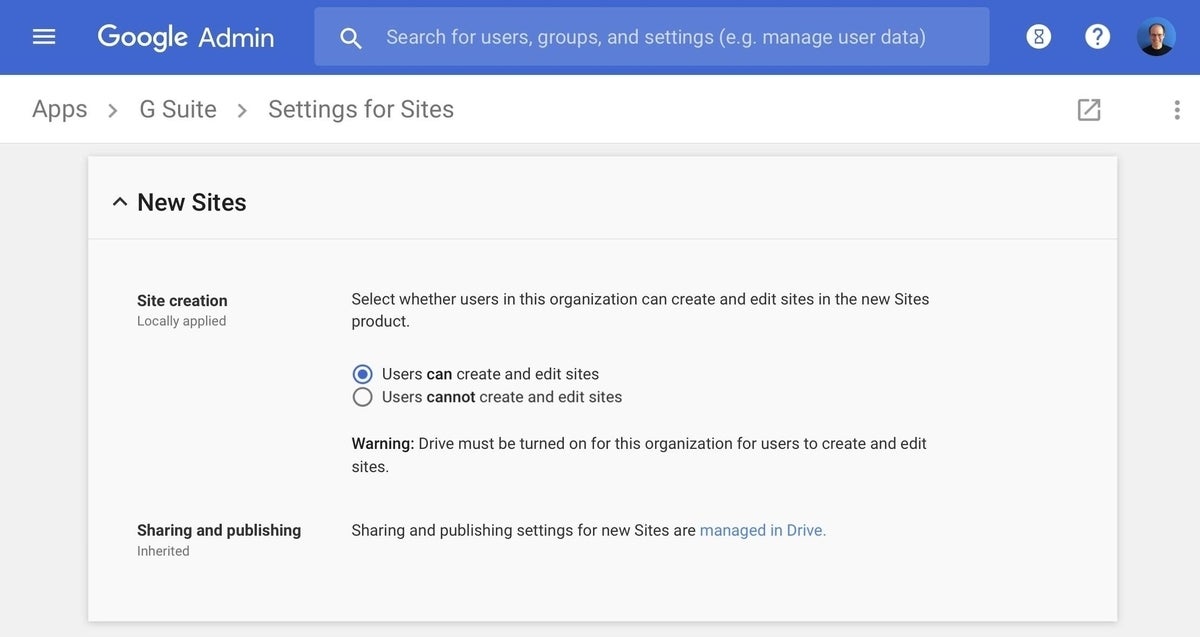Screenshot of the enable new Google Sites setting in G Suite admin console.