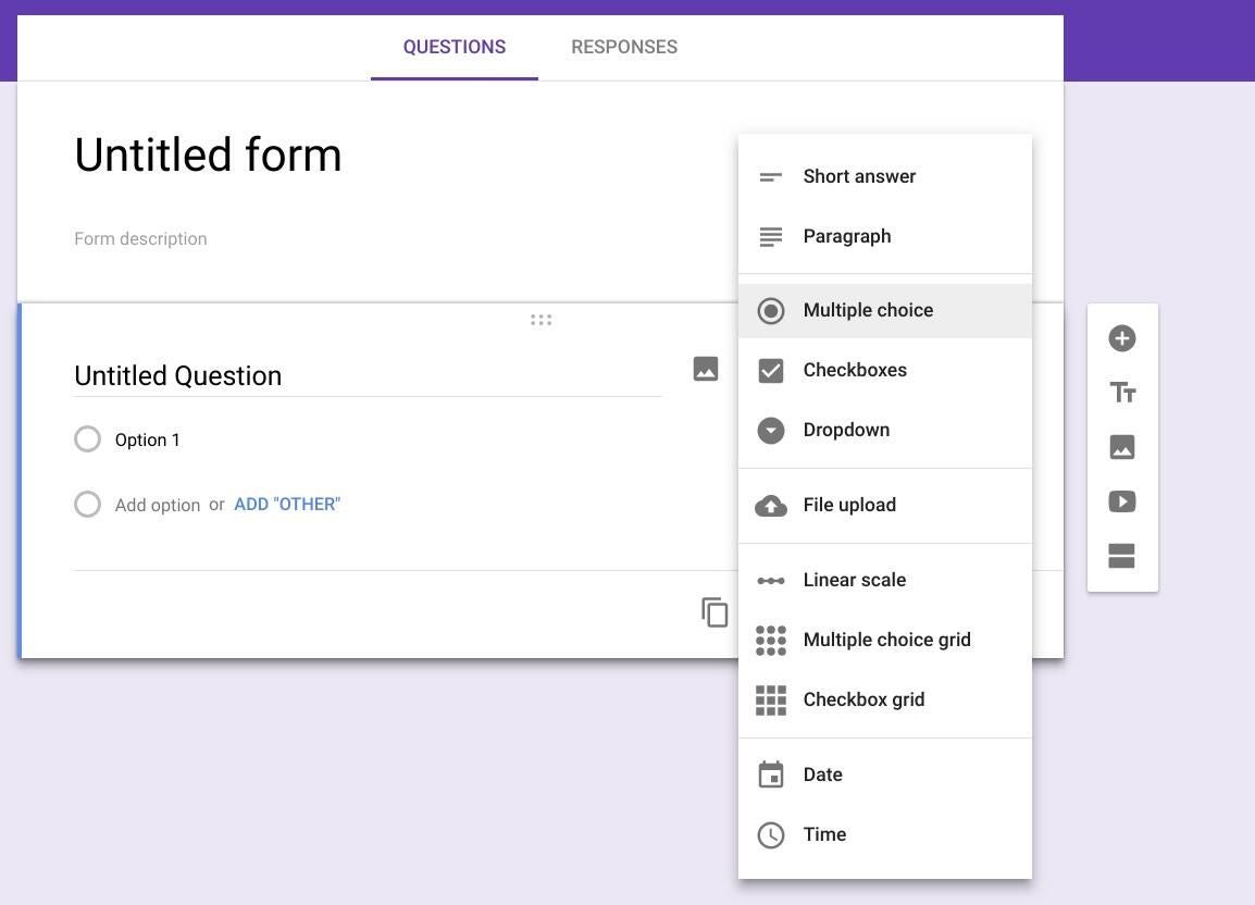 Screenshot of Google Form question section, with all question types visible (short answer, paragraph, multiple choice, checkboxes, dropdown, file upload, linear scale, multiple choice grid, checkbox grid, date, time)