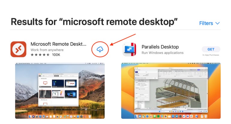Cliquez sur le lien bleu Obtenir ou sur l'icône de téléchargement dans le cloud pour télécharger Microsoft Remote Desktop pour Mac.