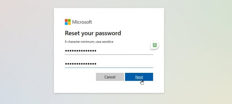 Microsoft password reset window