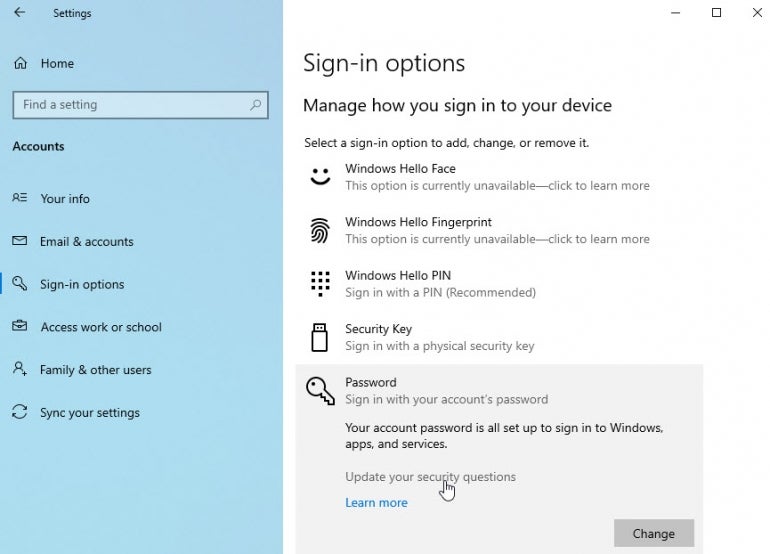 Windows Sign-in options menu