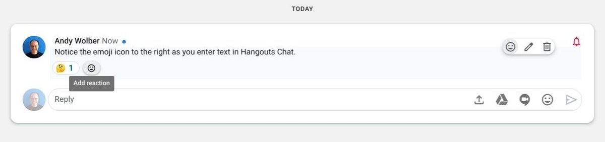 Screenshot showing 1 thinking face reaction to a Hangouts Chat post.