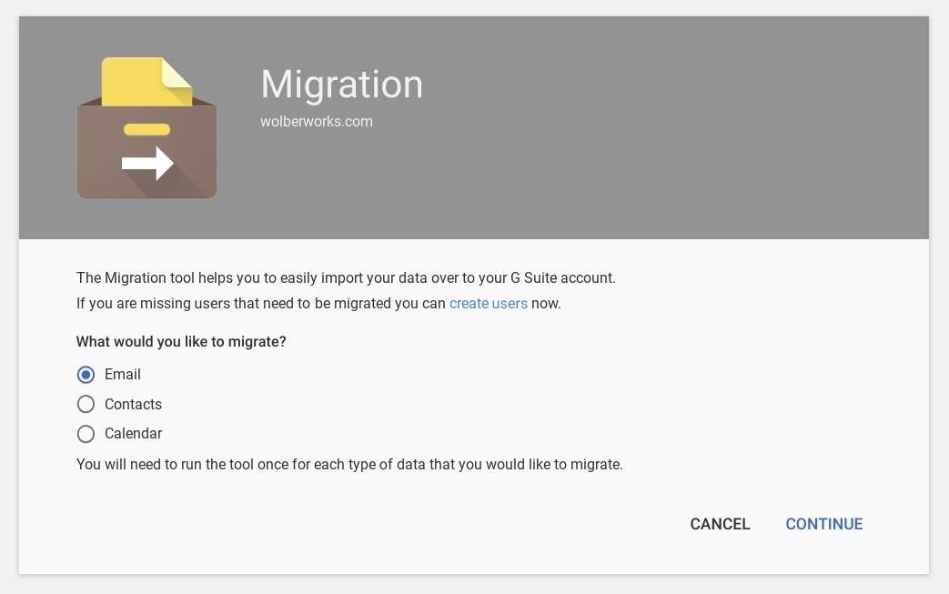 Screenshot of initial Data Migration Service import screen