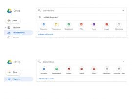 Screenshots that show different icon sets for fast-filtering of Google Drive search on desktop.