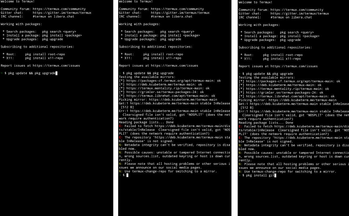 Installing packages and Git on Termux, step by step.