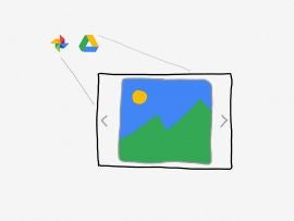 Drawing with Google Photos and Google Drive logo (upper left) with projection action lines drawn toward a screen with an image on it (green mountain, blue sky, yellow sun) with arrows on either side of the image