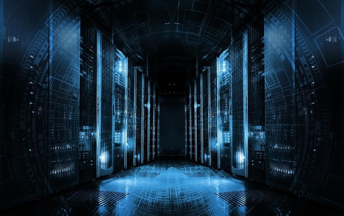 technological background on servers in data center, futuristic design. Server room represented by several server racks with strong dramatic light.