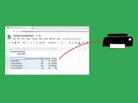 (left) Screenshot of an Example Google Sheet with 5 rows and 4 columns selected, with a hand-drawn arrow from this rectangle pointing to a drawing of a printer (on the right).