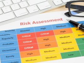 Risk management matrix chart with pen and keyboard