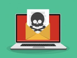 Image: mitay20, Laptop with open envelope and skull on the screen. Concept of virus, piracy, hacking and security. Flat vector illustration.