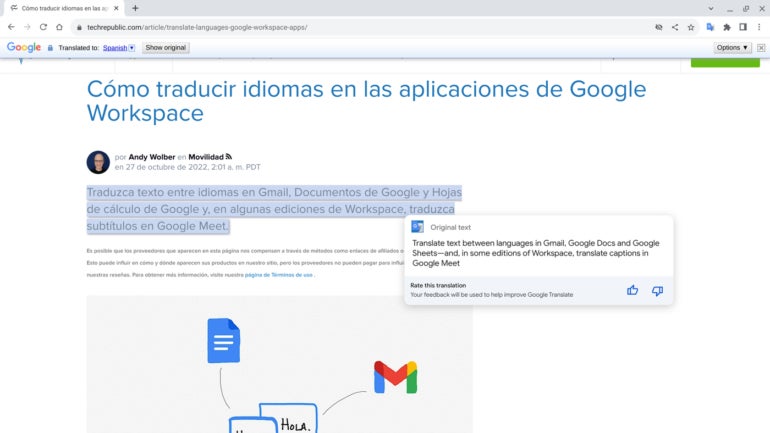 Install the Google Translate extension to translate selected sections of text.