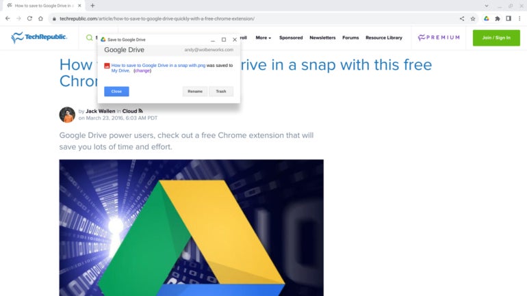 The Save to Google Drive extension saves the contents of a page to Google Drive.
