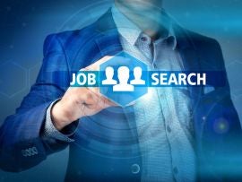 businessman pressing job search button on virtual screens