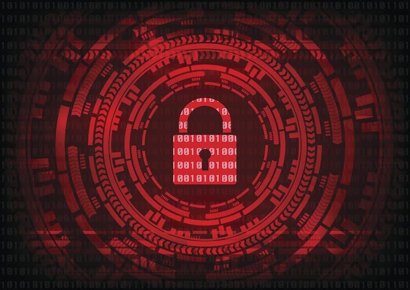 Abstract Malware Ransomware virus encrypted files with keypad on binary bit red background. Vector illustration cybercrime and cyber security concept.