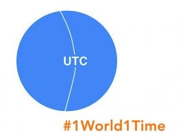 Blue circle, with white arced line from top to bottom, with letters "UTC" in midsection of line. #1World1Time at bottom in orange letters. White background.